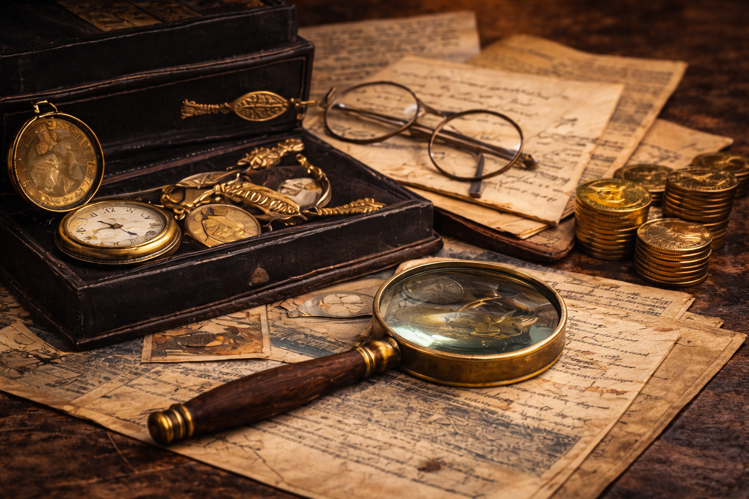 Vintage collection of gold pocket watches, a magnifying glass, old handwritten letters, a pair of glasses, and stacks of coins on a wooden surface.