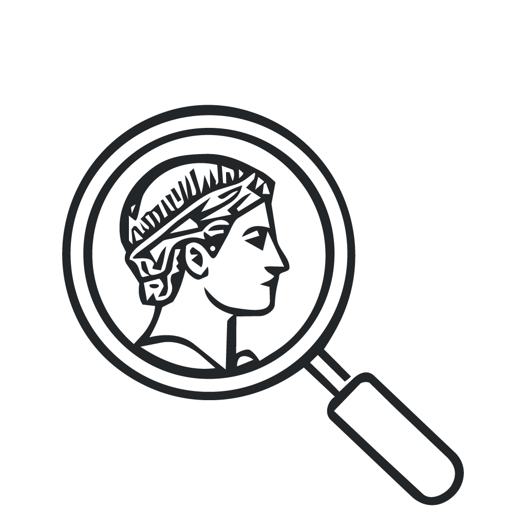 icon of a magnifying glass with detailed view of a head from a coin in the lense.