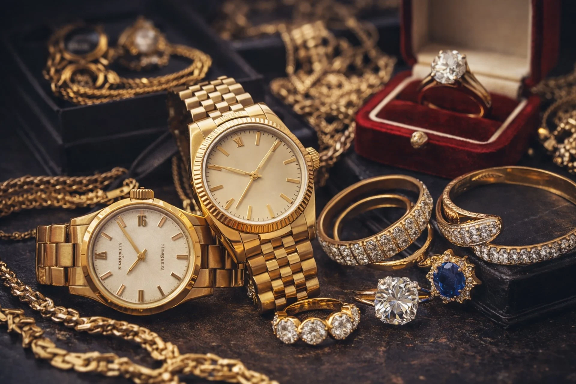 A collection of gold jewelry, including watches, rings, bracelets, and necklaces, displayed on a dark surface with a jewelry box in the background.