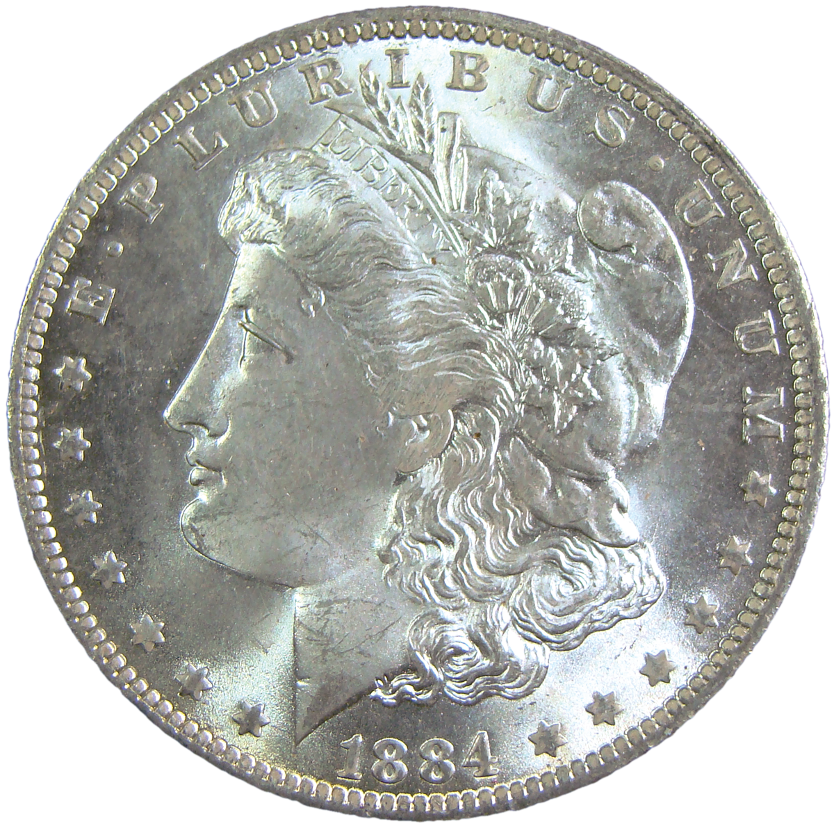 Close-up of an 1884 Morgan silver dollar coin, showing the profile of Lady Liberty with a cap and a crown of olive leaves and a ribbon, with the inscription 'E PLURIBUS UNUM,' and 13 stars around the edge.