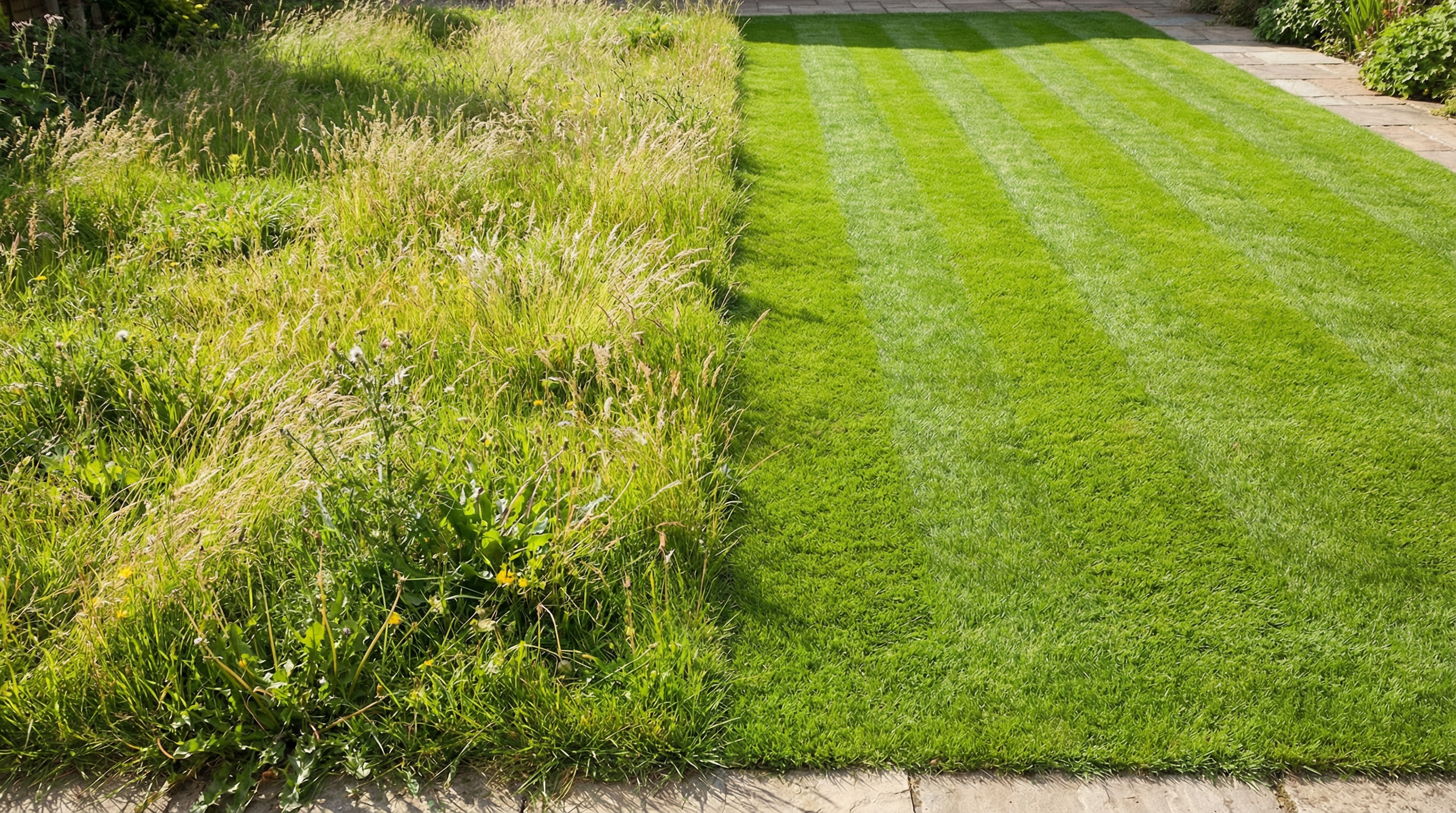 A garden with a patch of overgrown grass on the left and a neatly mowed lawn on the right, separated by a border.