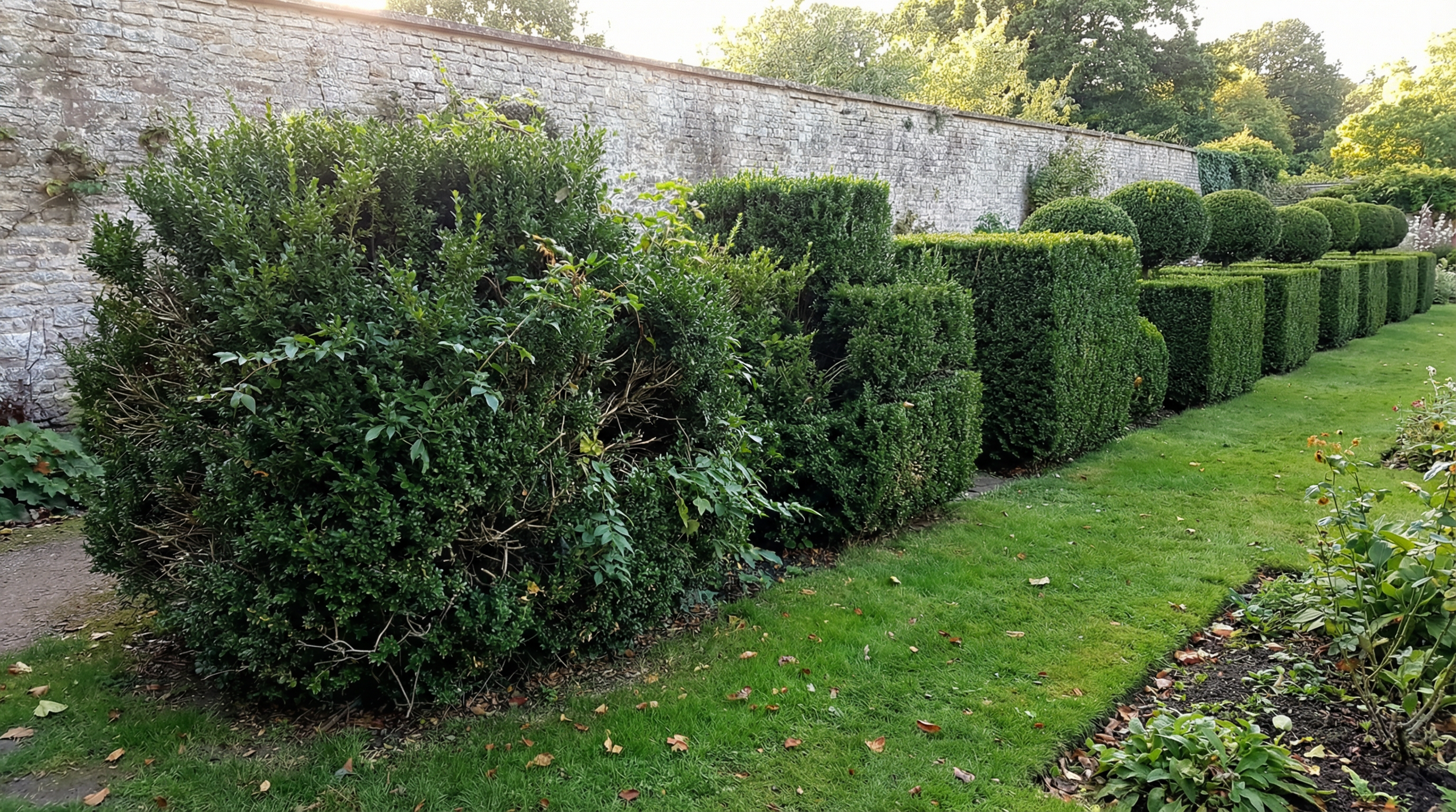Well-maintained garden with neatly trimmed bushes and hedge plants along a stone wall, with grass and flowers in the foreground.
