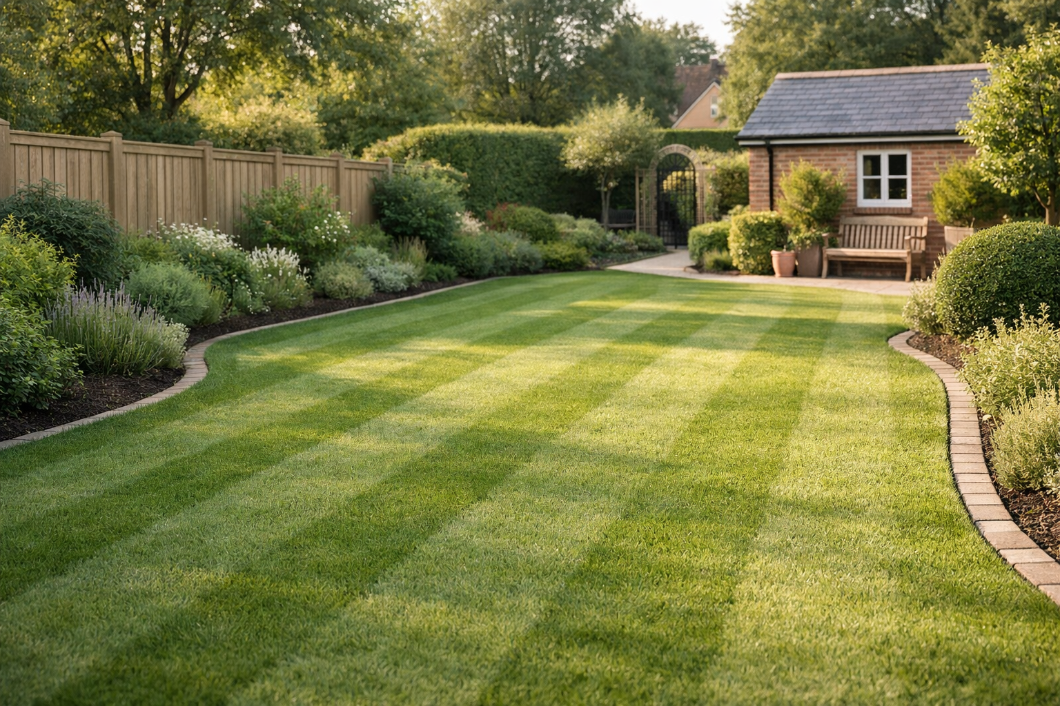 A well-maintained backyard with a lush green lawn, garden beds filled with various plants and shrubs, a wooden fence, a brick shed with a bench outside, and trees providing shade.