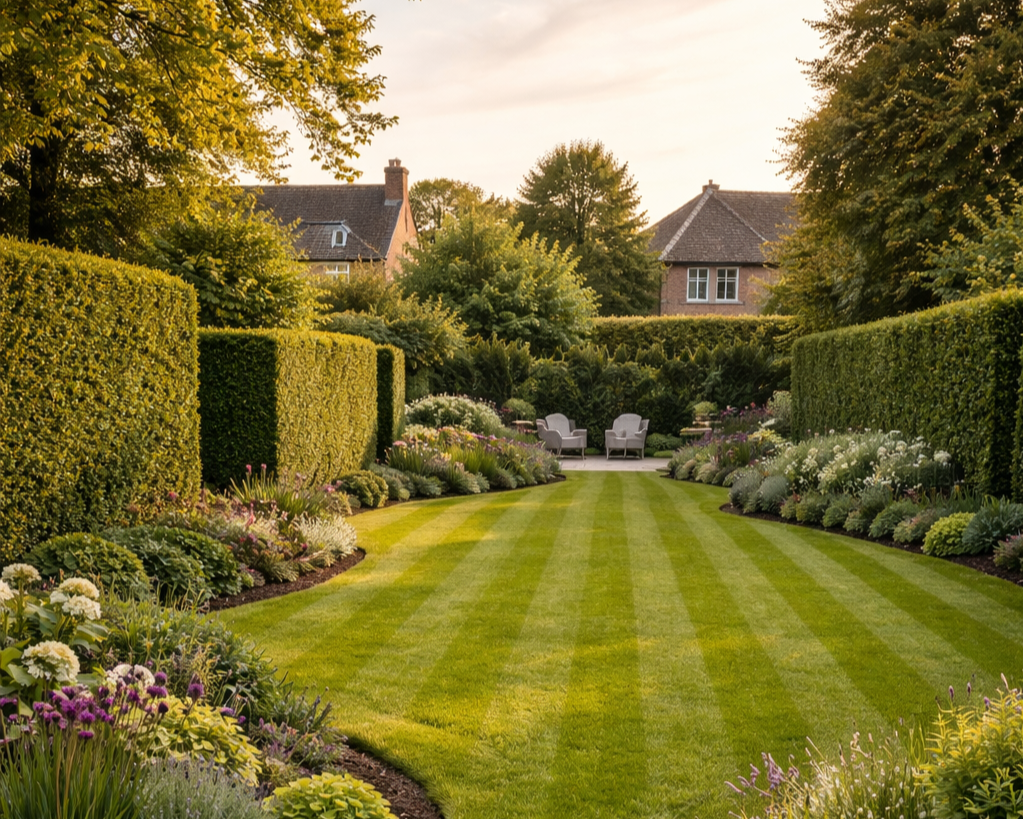 A well-maintained backyard garden with lush green grass, neatly trimmed hedges on both sides, colorful flower beds, and outdoor seating with two chairs near the back, surrounded by trees and houses.