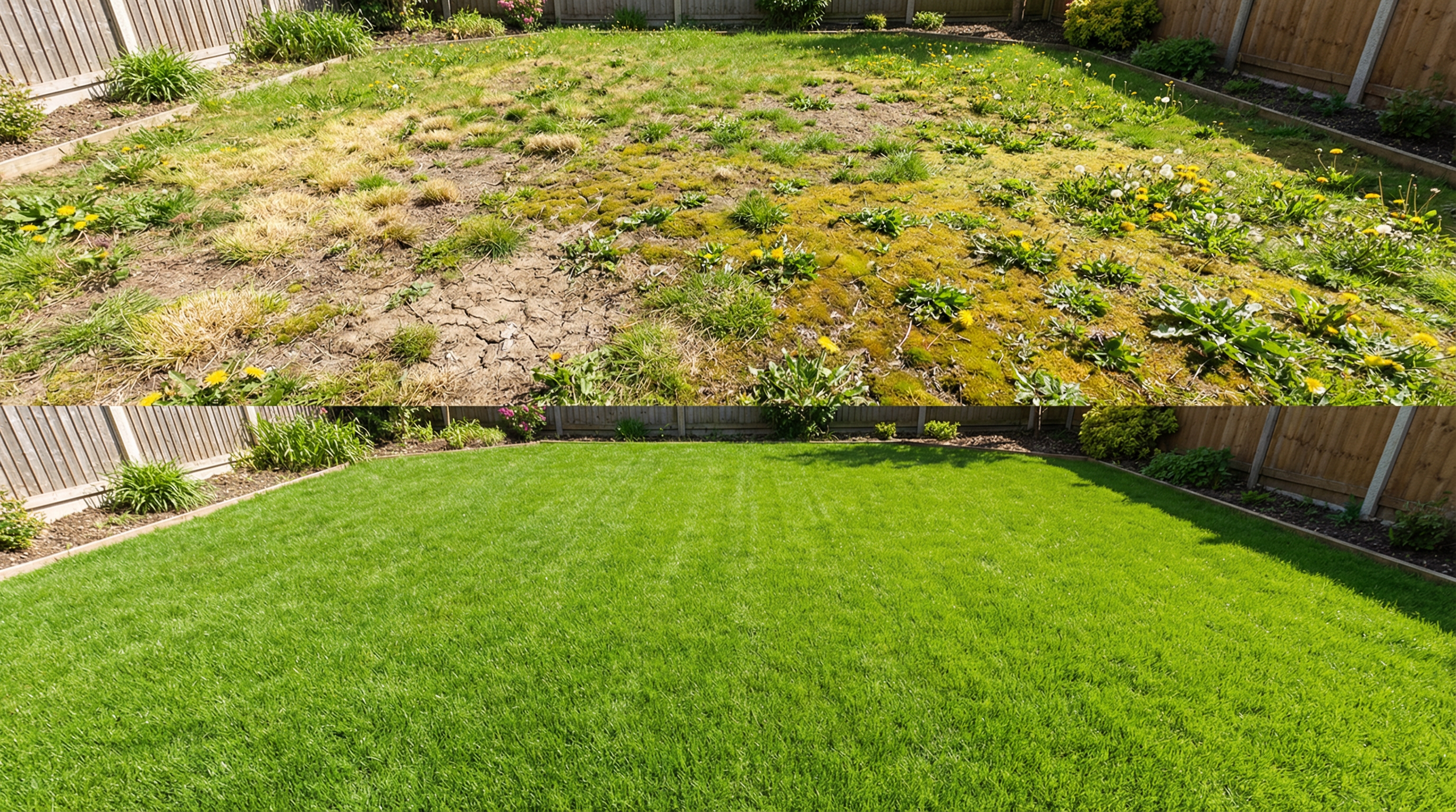 Comparison of a yard before and after lawn renovation: the top showing patchy, dry, and mossy grass, and the bottom showing a lush, green, well-maintained lawn.