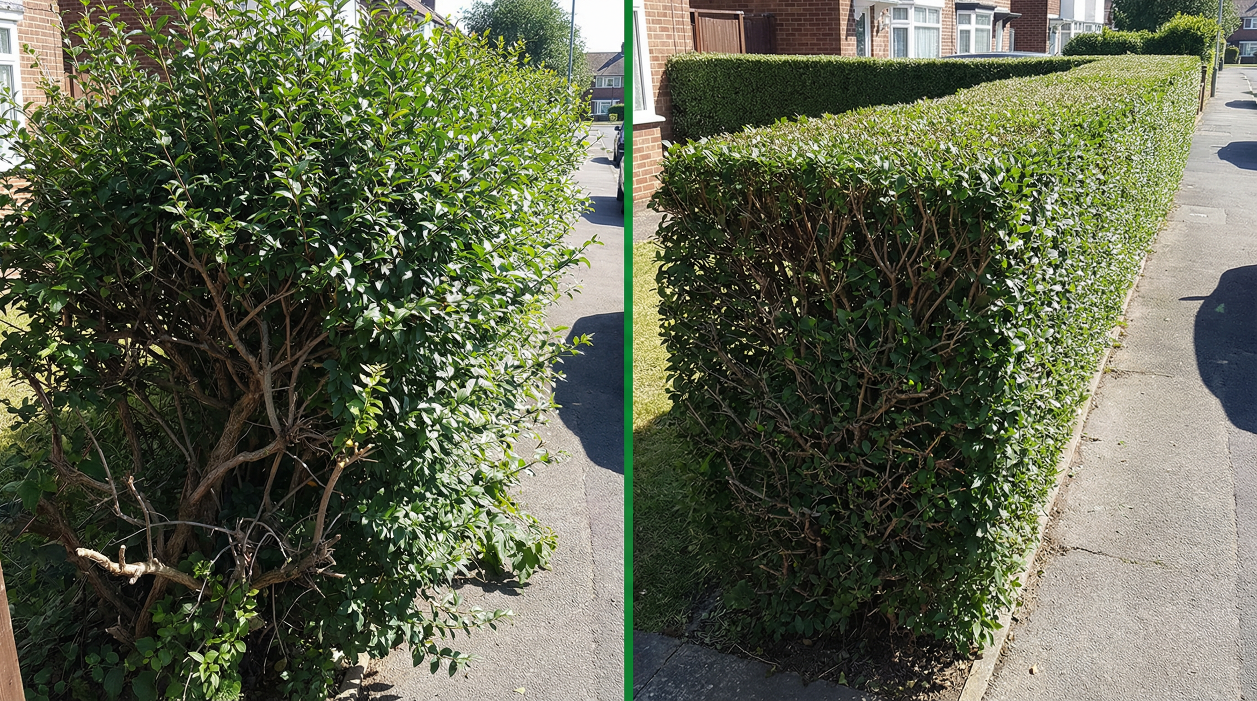 Hedge cutting before and after in Winchester, Hampshire – bushy hedge shaped to neat straight line