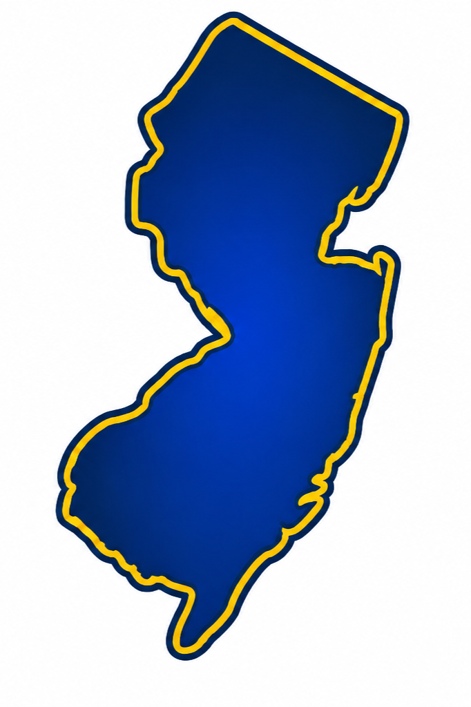 Outline map of New Jersey with a dark blue fill and a yellow border.