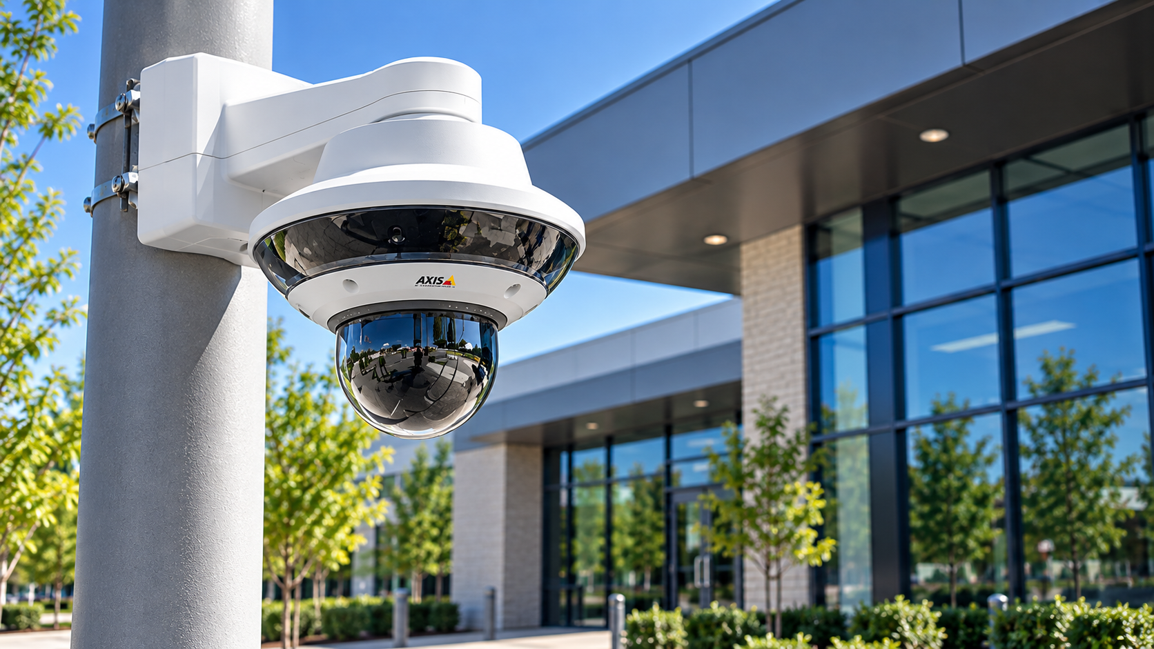 AXIS PTZ security surveillance camera installed outside a modern commercial building