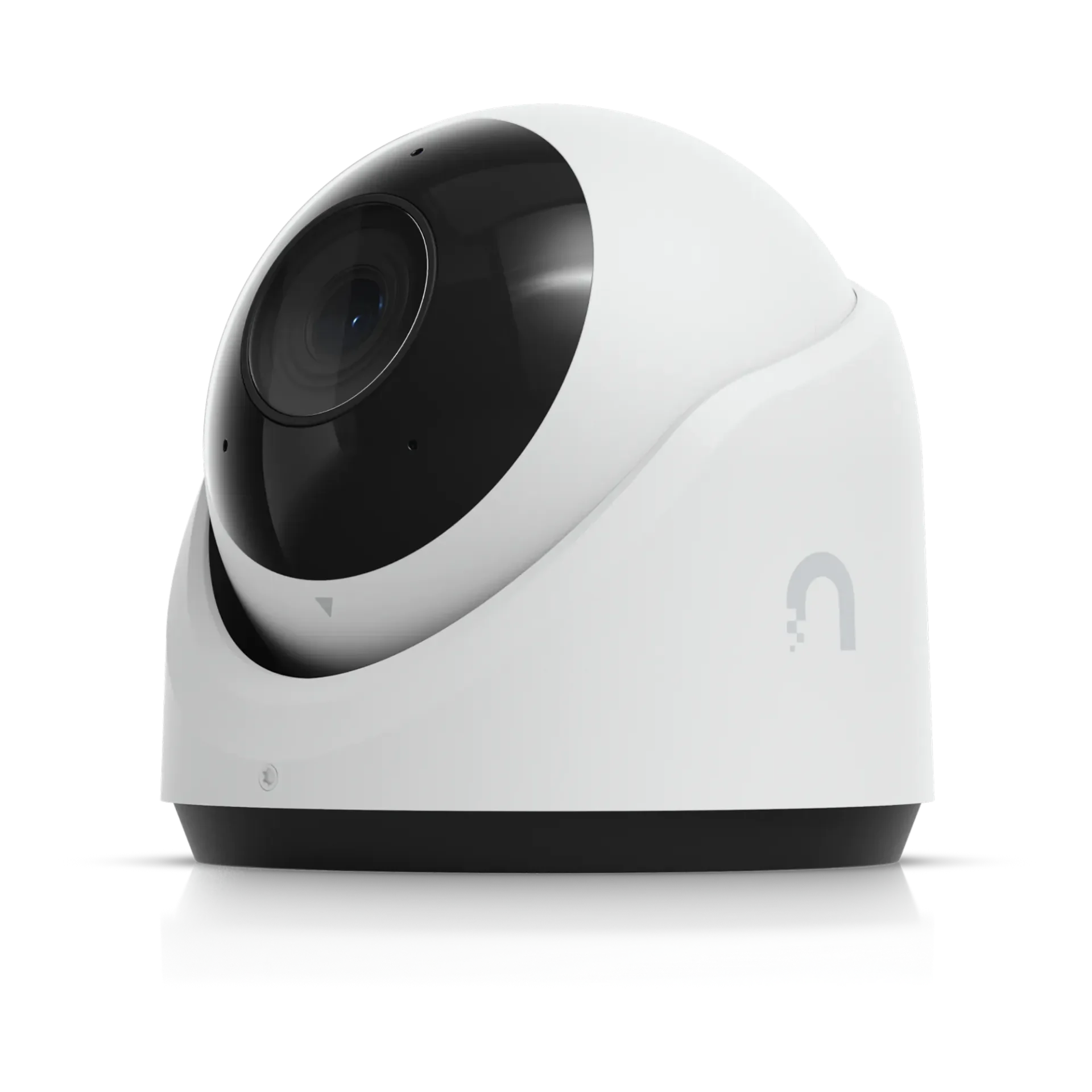 A sleek, modern white security or surveillance camera with a black lens on a black base.
