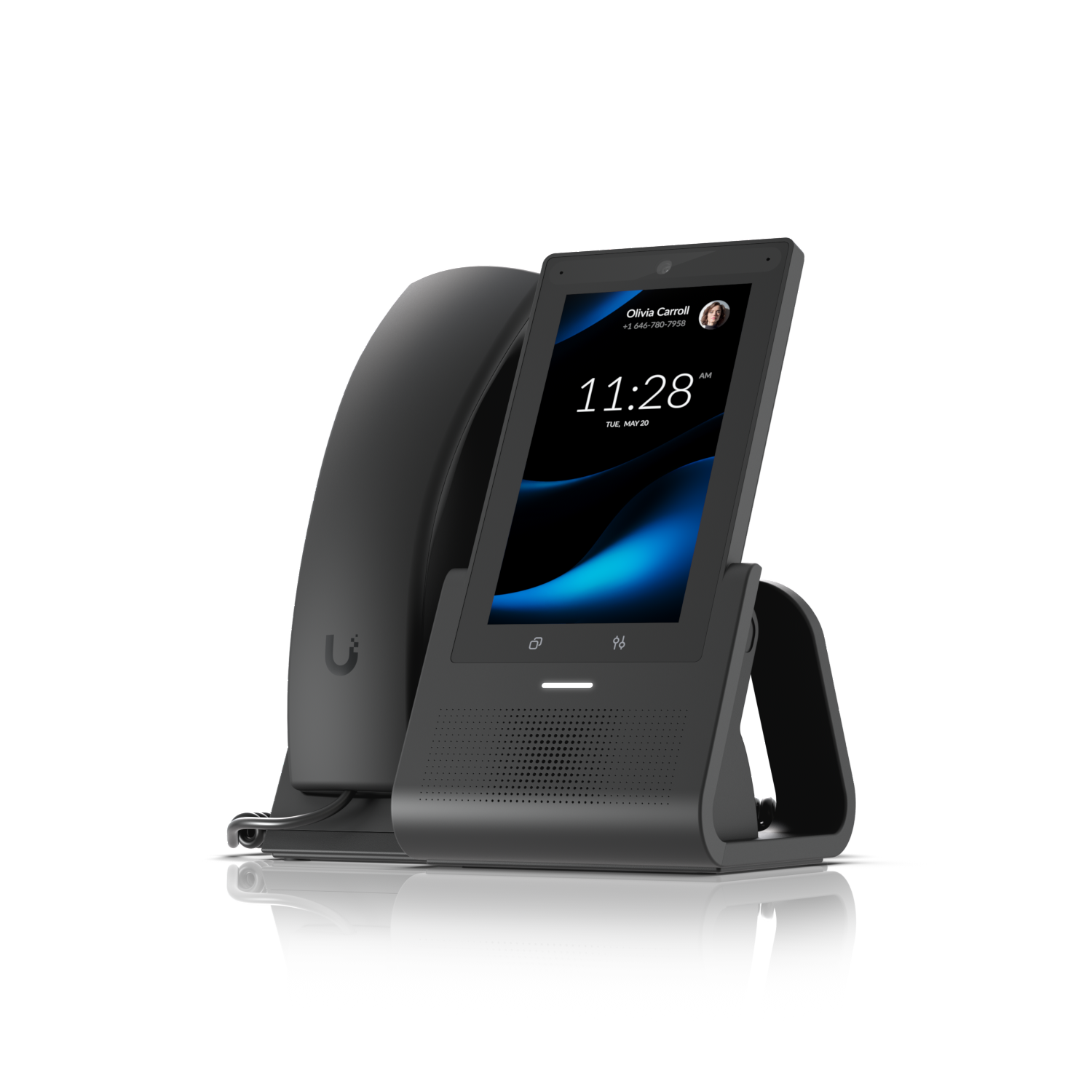 A modern office desk phone with a digital display showing a caller's name and number. The phone is positioned on a stand and connected by a wire.