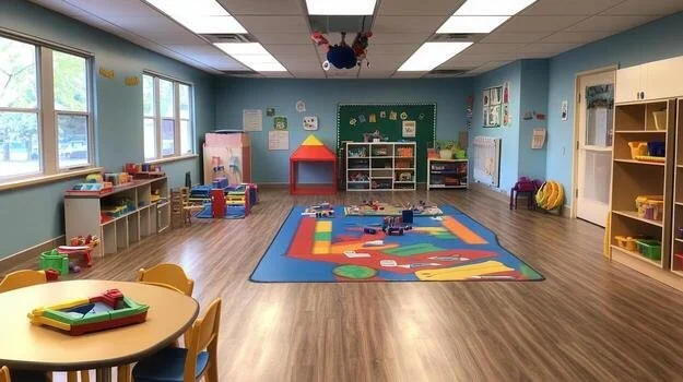 Empty kindergarten classroom with colorful toys, books, and play mats, large windows, and an educational display area.