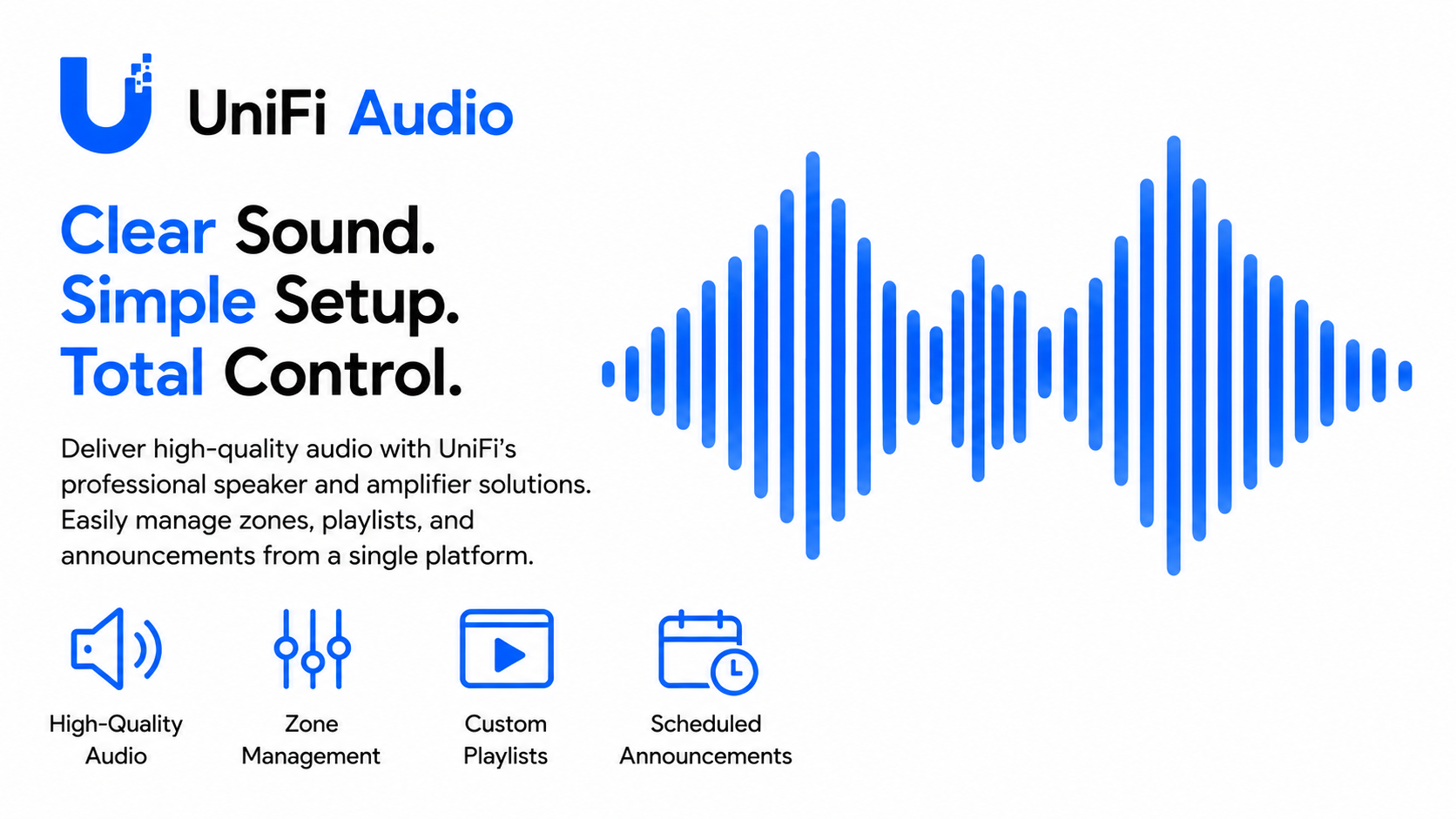 An advertisement for UniFi Audio featuring a blue sound wave graphic. The text highlights features like high-quality audio, zone management, custom playlists, and scheduled announcements, with icons representing these features.