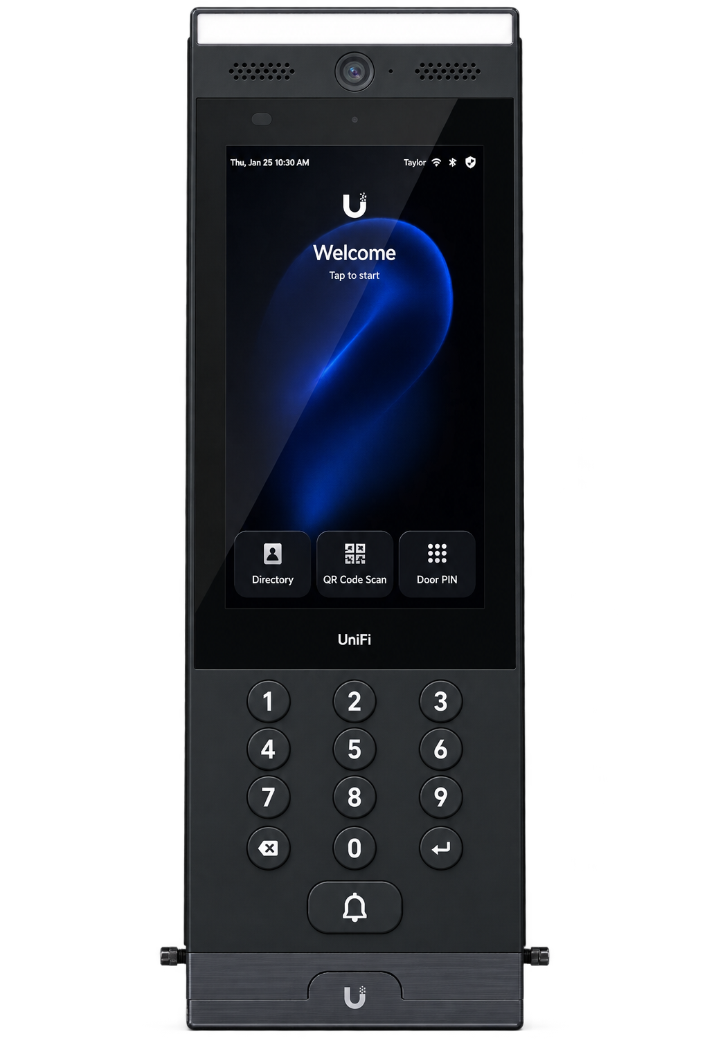 A black security access control device with a touchscreen display and physical keypad, displaying a welcome screen with options for Directory, QR Code Scan, and Door PIN.