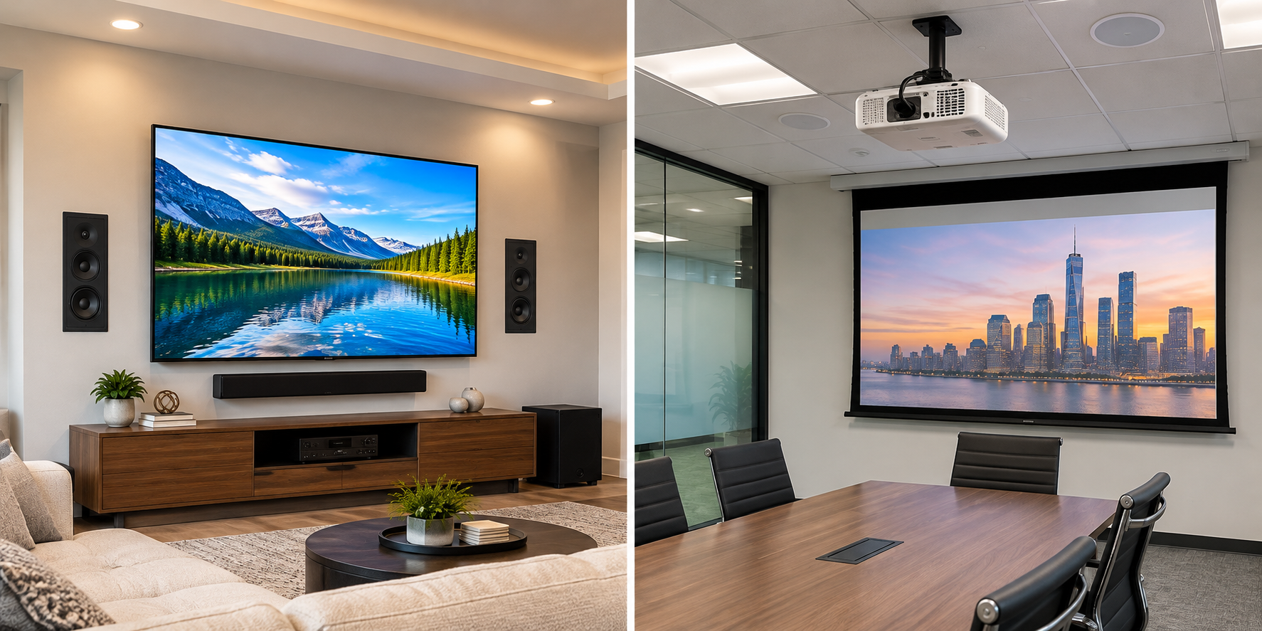 Residential wall-mounted TV with speakers and soundbar alongside an office projector and projection screen installation