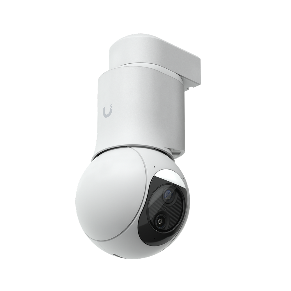 A white security camera with a spherical camera lens, mounted on a black background.
