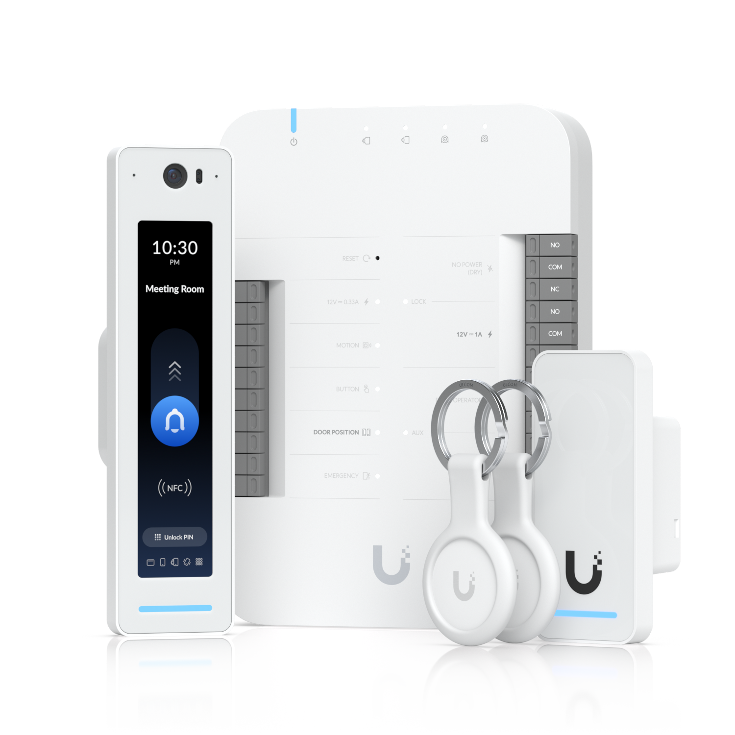 Smart home security and automation devices, including a smartphone with a meeting room display, a main control panel, and accessories such as door locks and remote controls, all in white with blue accents.