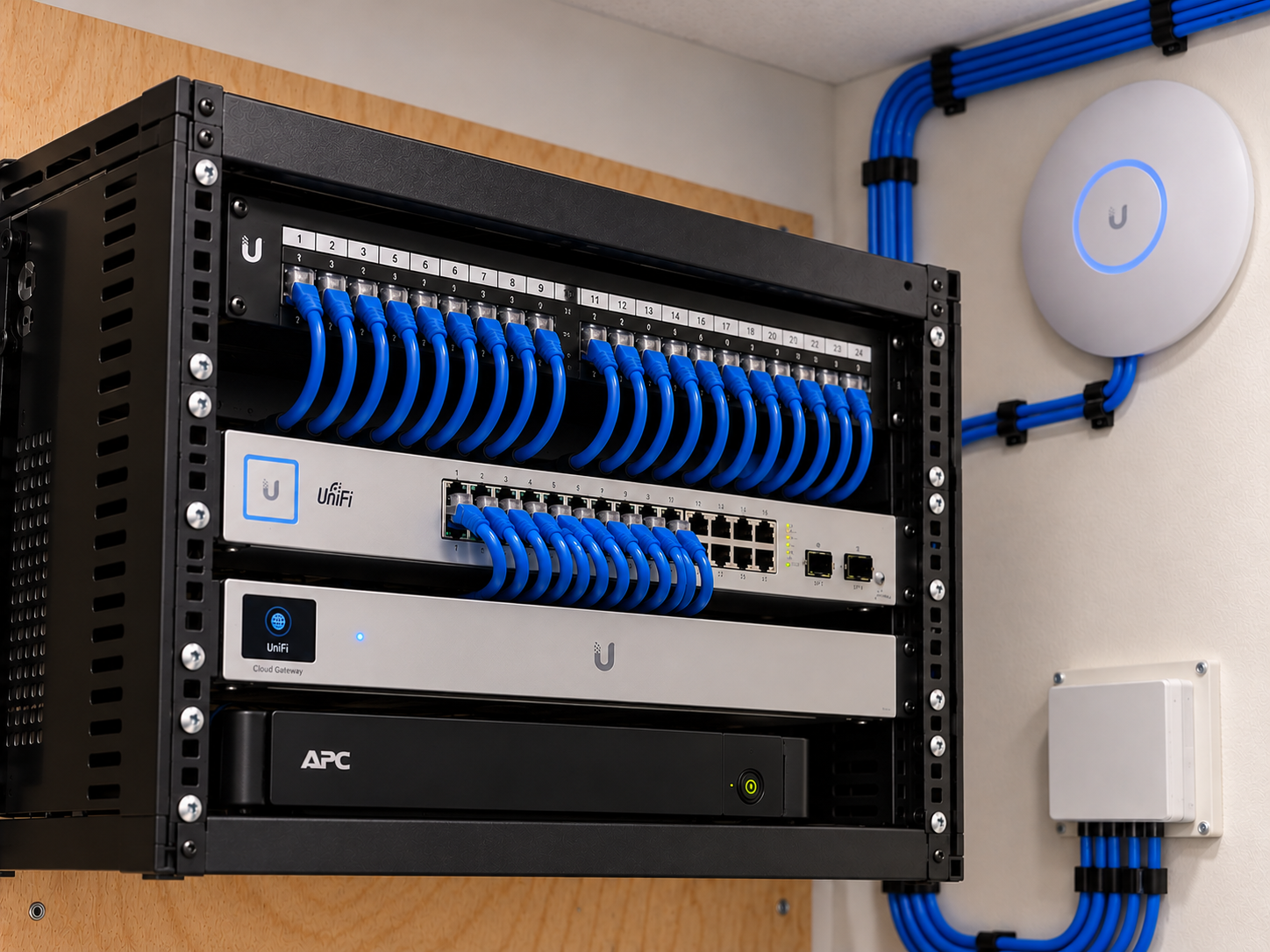 Ubiquiti UniFi network rack with patch panel, Ethernet cabling, network switch, gateway, and wireless access point