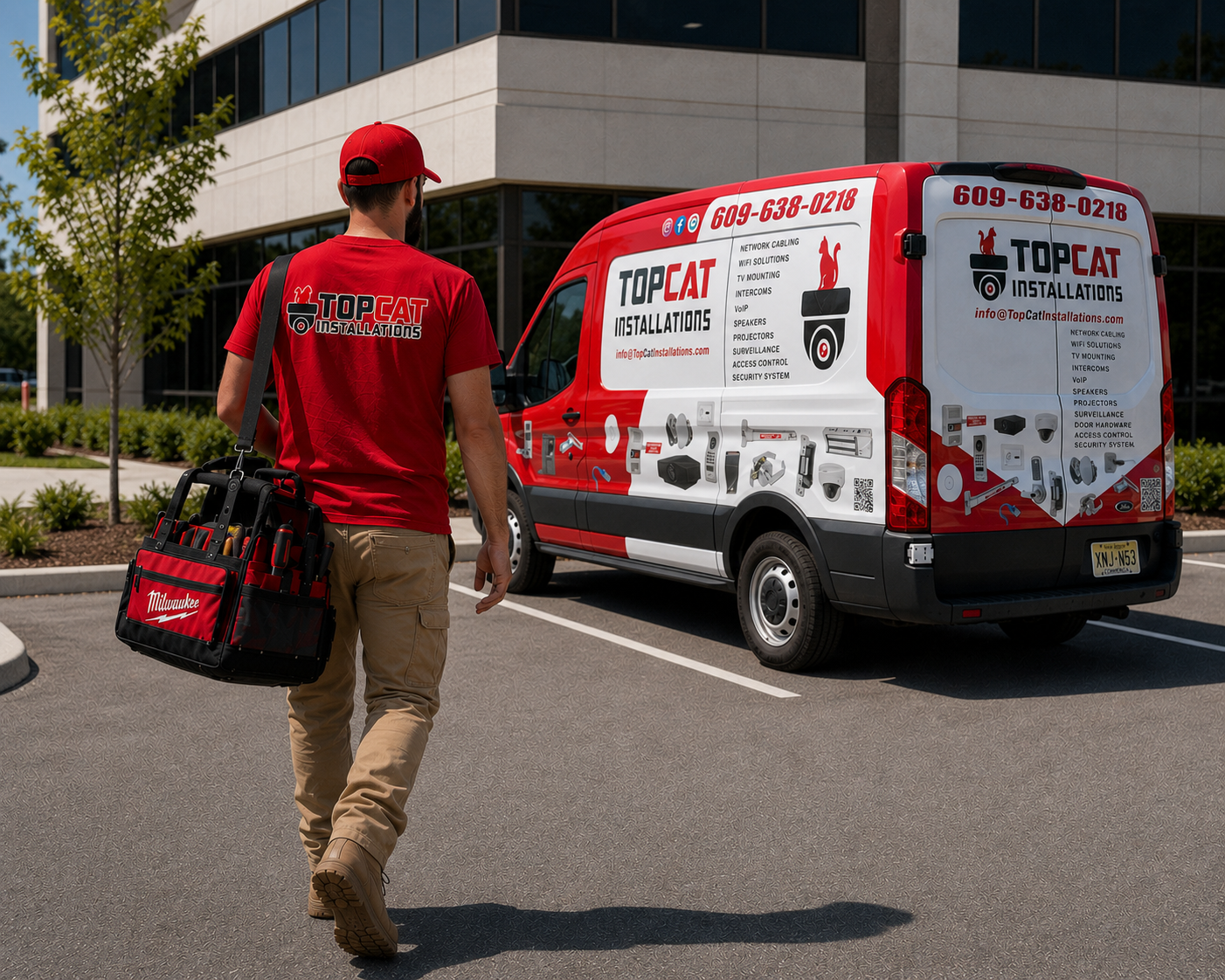 A man wearing a red shirt and red cap walking towards a branded service vehicle for TopCat Installations, carrying a Milwaukee tool bag. The van is parked outside a modern office building.