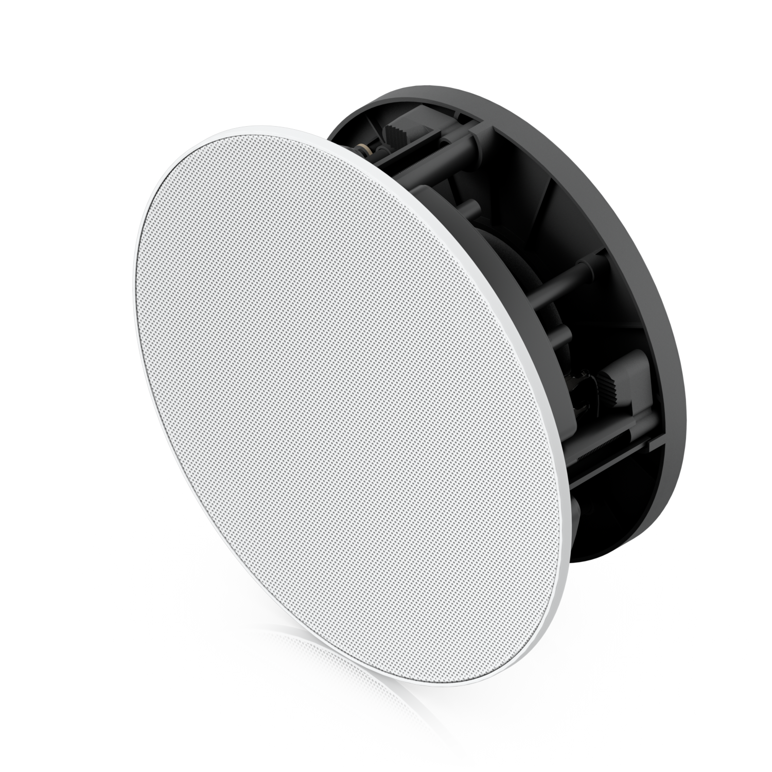 A modern, circular white speaker with a perforated front grill, partially disassembled to show internal components, placed on a reflective black surface.