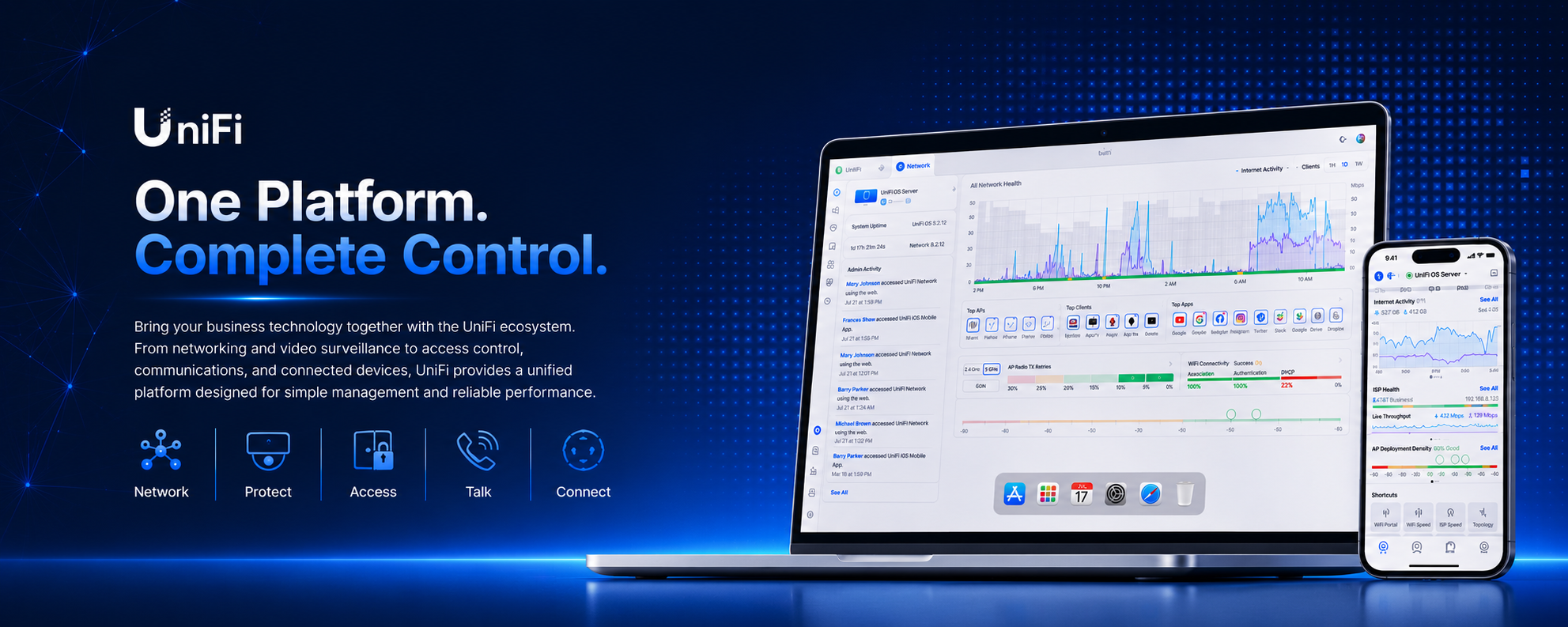 Digital advertisement for UniFi platform showing a laptop and smartphone displaying network management dashboards with graphs and icons, against a blue background.