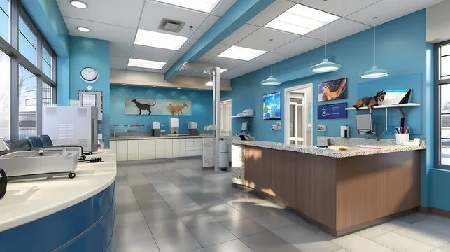 Interior of an animal veterinary clinic with reception desk, waiting area, and animal posters on blue walls.