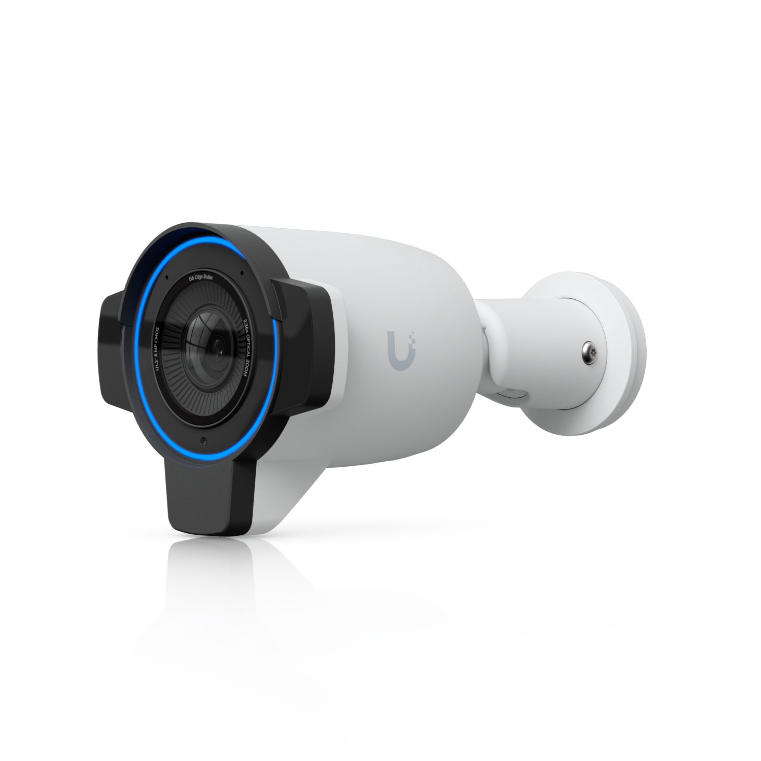 Close-up of a white security camera with a black face, mounted on a wall against a black background with red and blue lighting accents, reflecting on a glossy surface.