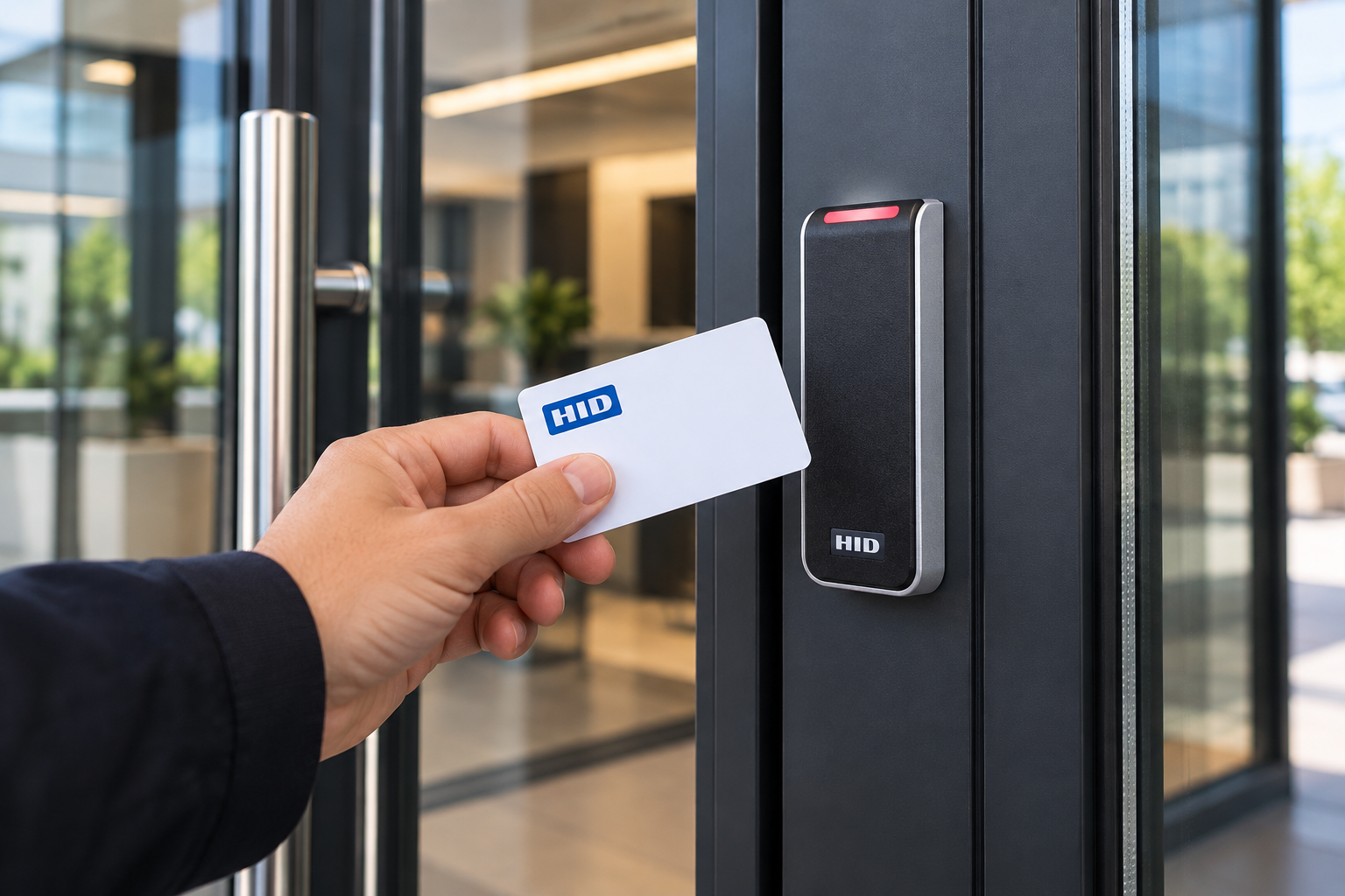 HID access control card reader with keycard at a commercial building entrance