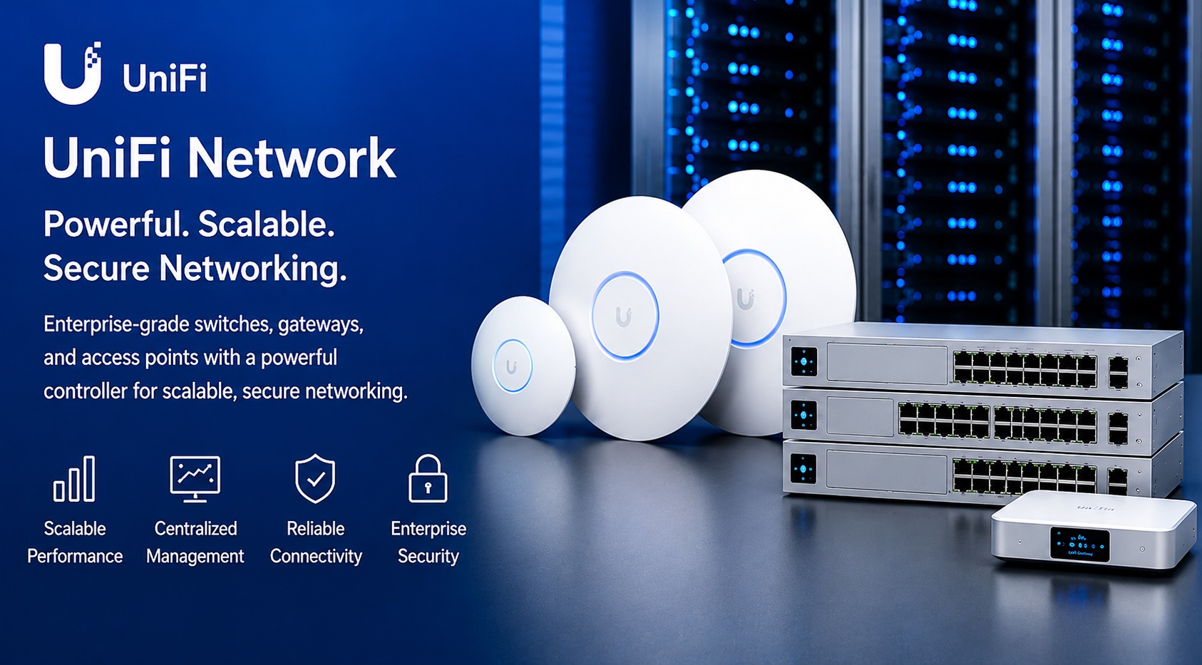 Blue infographic banner featuring UniFi Network branded enterprise-grade networking equipment, including access points, switches, and a gateway, with icons highlighting scalable performance, centralized management, reliable connectivity, and enterprise security.