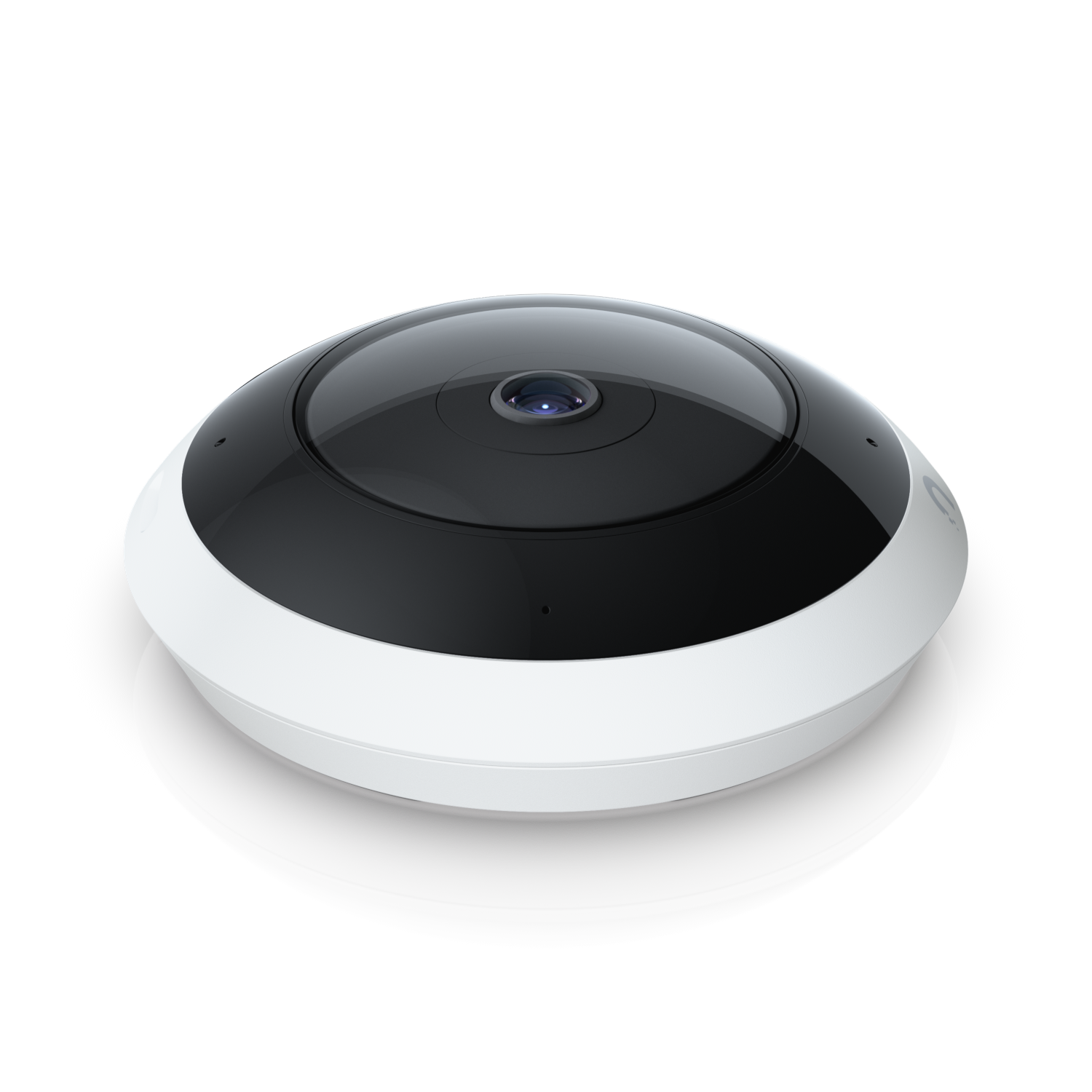 A modern, circular security camera with a black and white design.
