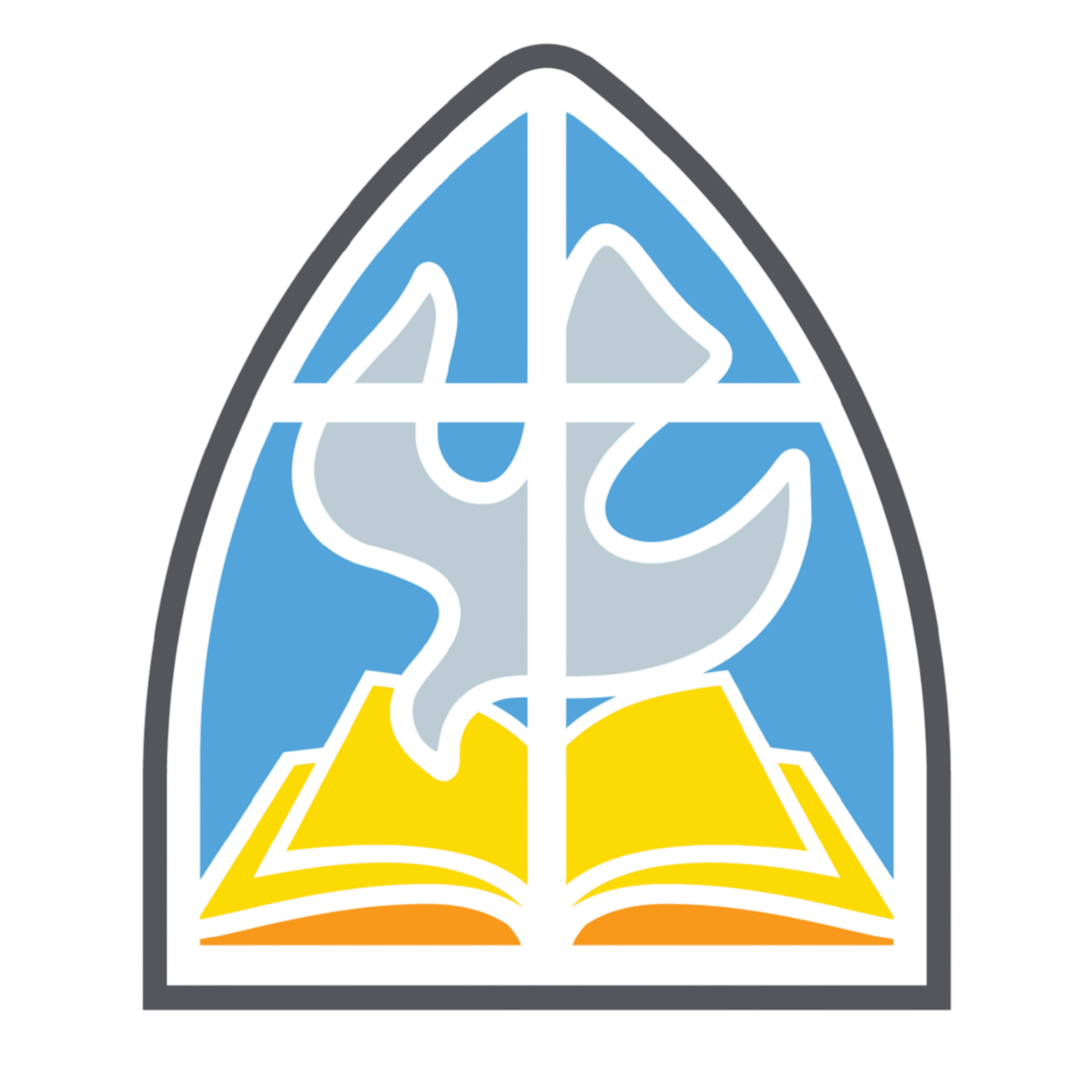Colorful stained glass window of a dove flying above an open Bible with a blue background.