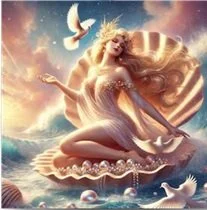A fairy with blonde hair sitting on a seashell, surrounded by birds and a starry sky.