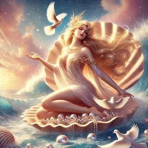 A digital illustration of a mermaid with long flowing blonde hair sitting on a large shell near the ocean, with a dove flying above and a starry sky in the background.