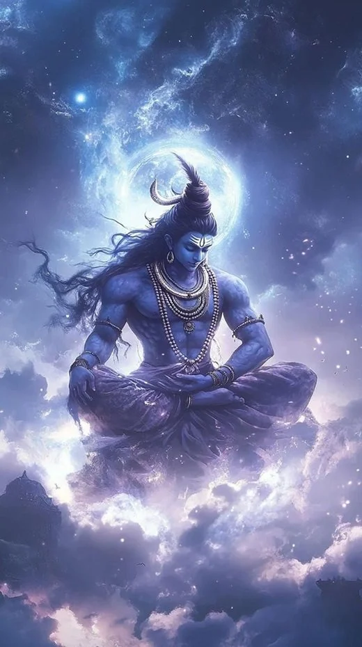 Illustration of Lord Shiva, a blue-skinned Hindu deity, sitting cross-legged in a meditative pose surrounded by clouds and cosmic elements with a glowing moon behind his head.