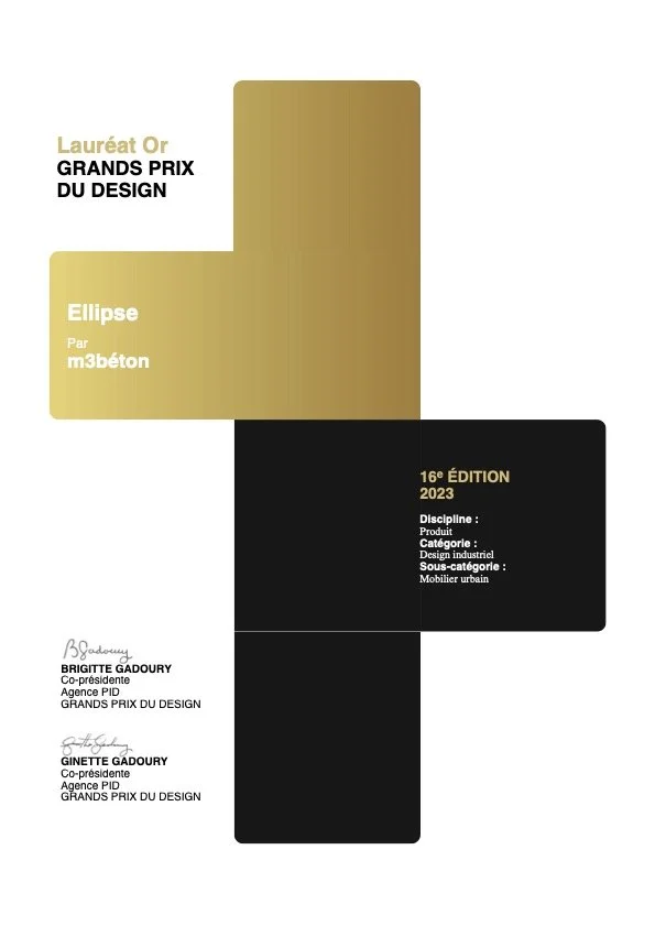 Page de couverture du concours de design, mentionnant le Lauréat d'Or, le Grand Prix du Design, pour le projet 'Ellipsoïde' par m3béton, édition 2023, avec des noms de co-présidentes à la fondation de l'agence PID.