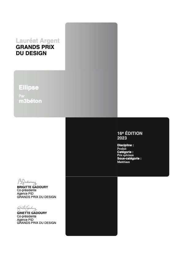 Page de certificat d'un prix de design, mentionnant le Lauréat Argent pour le projet Ellipse par m3béton, édition 2023, avec noms de Brunette Gadoury et Ginette Gadoury, signés en bas.