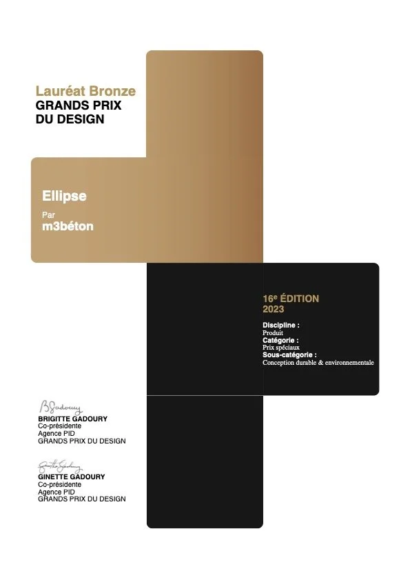 Page de titre d'un rapport ou d'un prix, mentionnant la catégorie 'Ellipses', 16e édition 2023, conçu par m3béton, avec des signatures de Brigitte Gadoury et Ginette Gadoury.