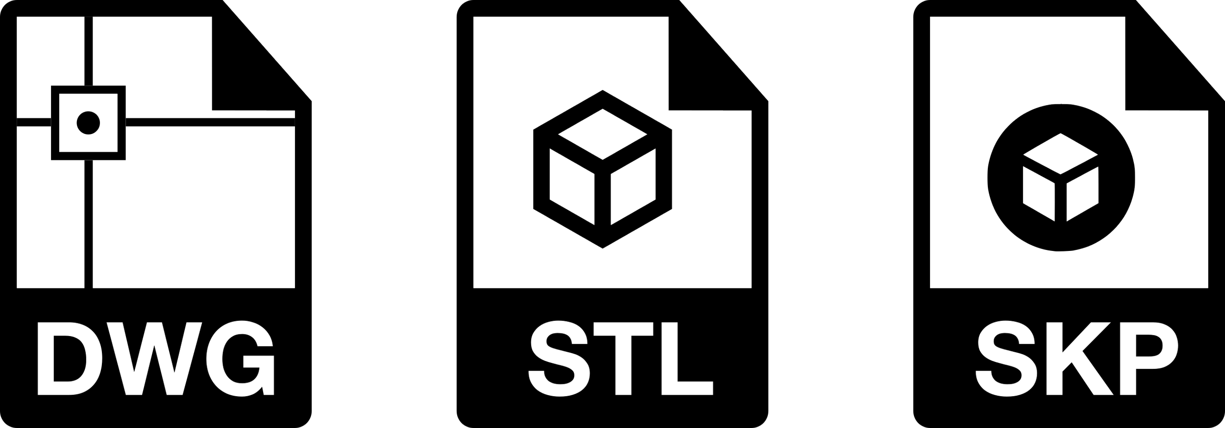 Trois représentations de fichiers de formats CAD : DWG, STL, SKP, avec des esquisses techniques associées.