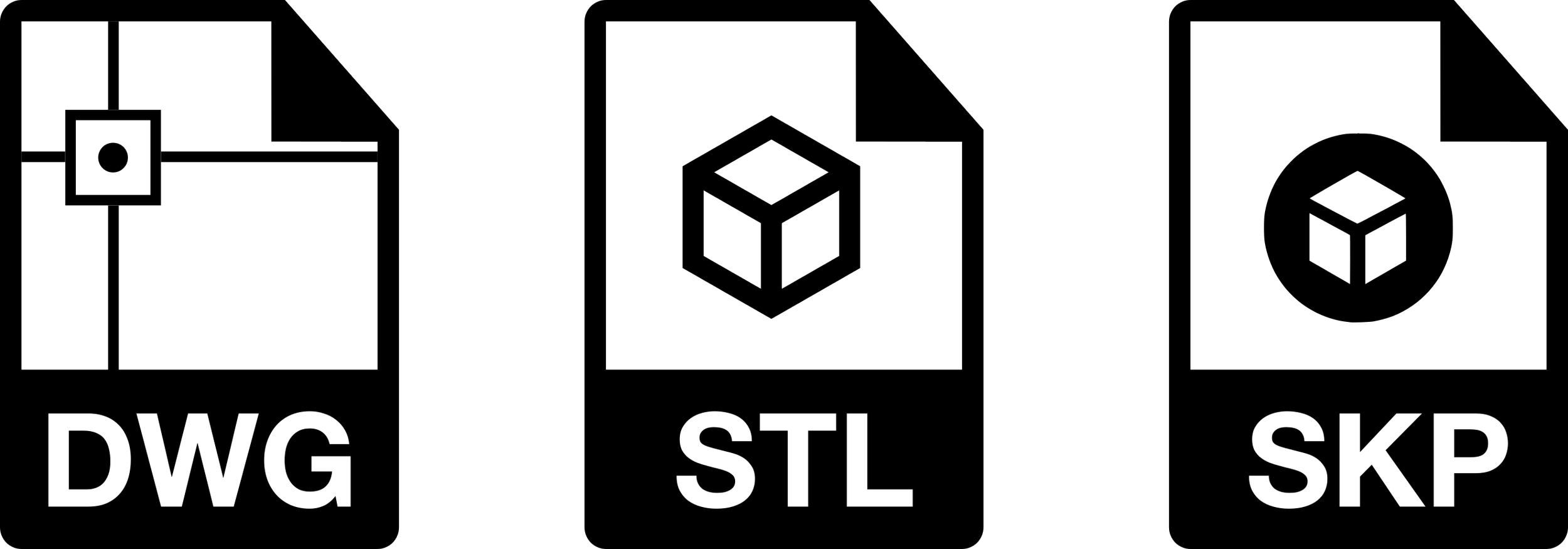 Image illustrant trois types de fichiers de modélisation 3D : DWG, STL, SKP, avec des esquisses standardisées propres à chaque format.