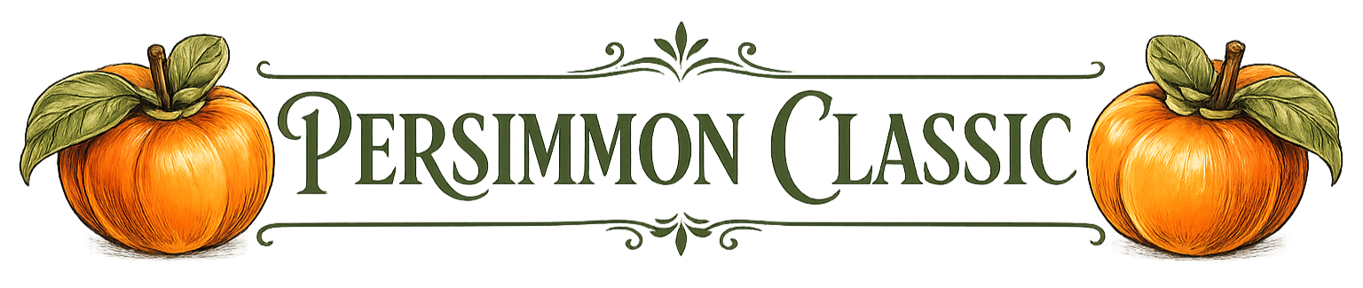 Illustration of a sign for Persimmon Classic with two pumpkins flanking the text.