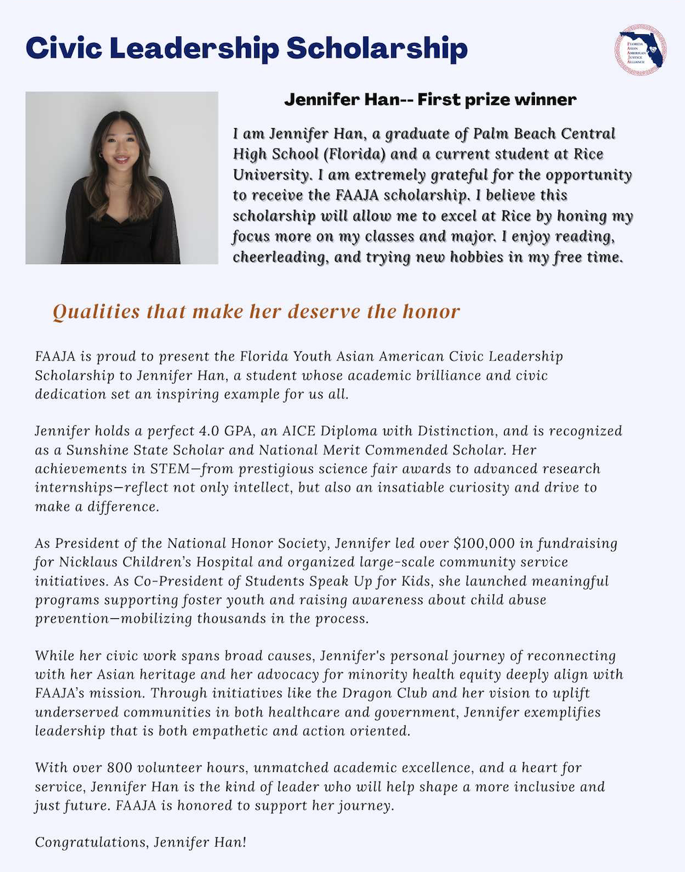 First Place in Civic Leadership: Jennifer Han