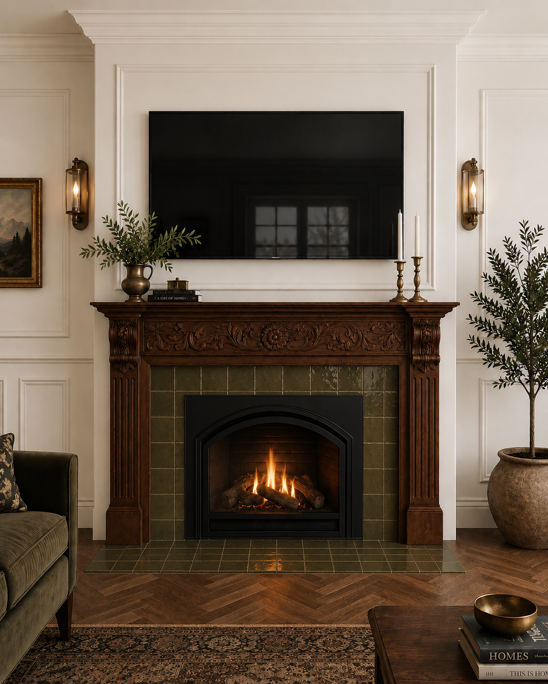 Traditional living room with carved wood fireplace mantel, olive green tile and Victorian-inspired details.