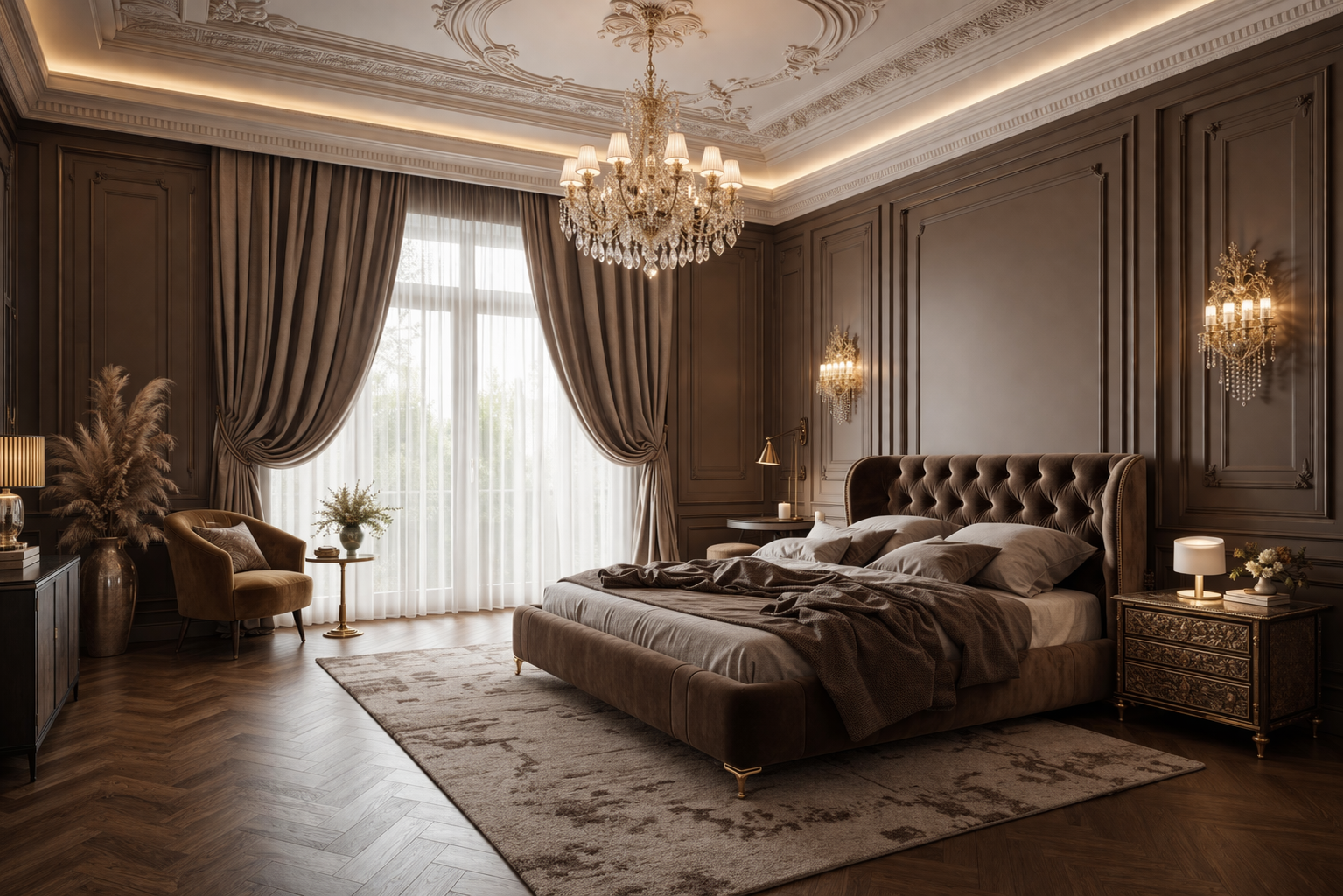 Victorian-inspired bedroom with dark paneled walls, tufted bed, crystal chandelier and traditional architectural details.