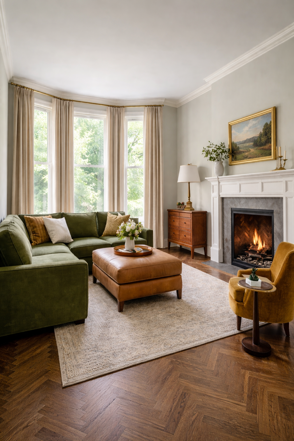 Victorian-inspired living room with tall bay windows, olive green sectional, leather ottoman and traditional fireplace.