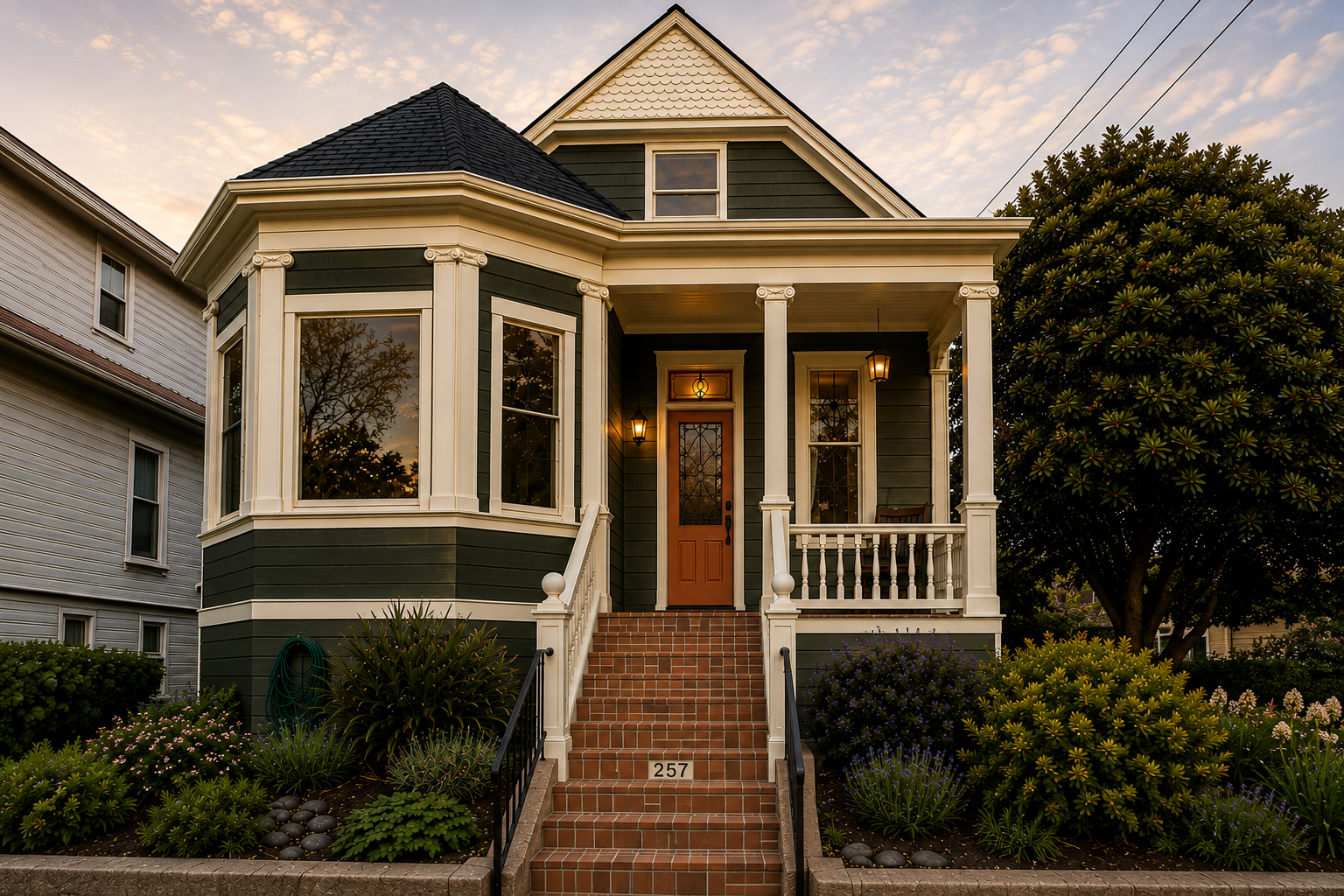 Reimagined 1890 Folk Victorian home with deep green siding, cream trim, brick steps and a copper-colored front door.