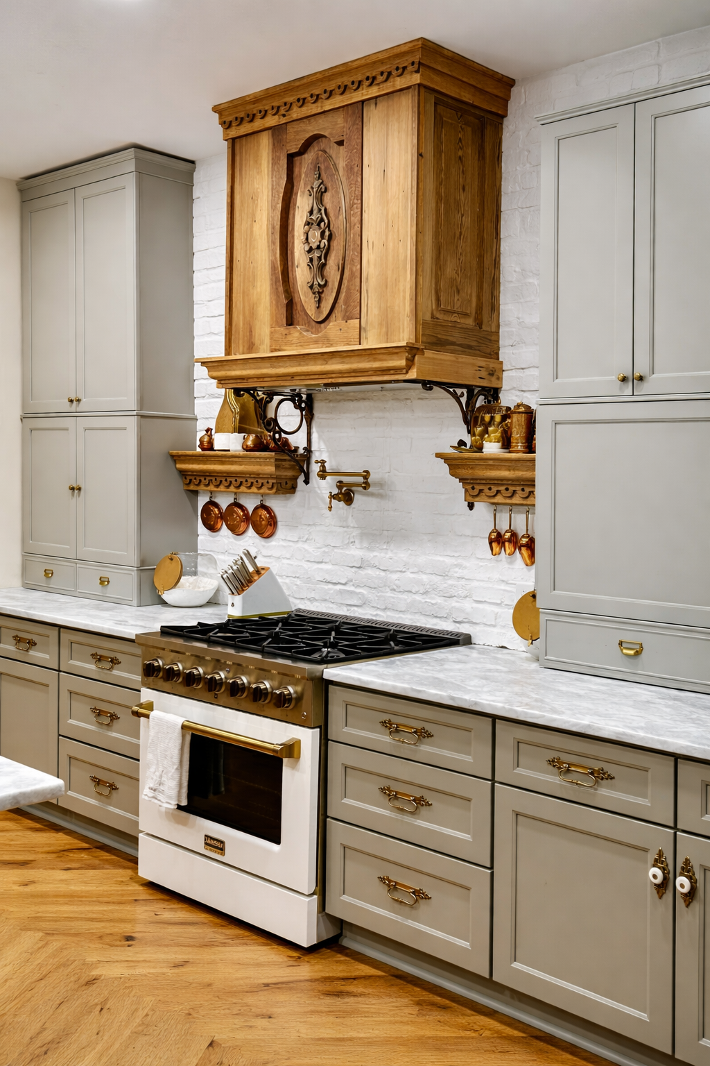 Victorian-inspired kitchen with warm wood range hood, soft sage green cabinetry, marble countertops and brass hardware.