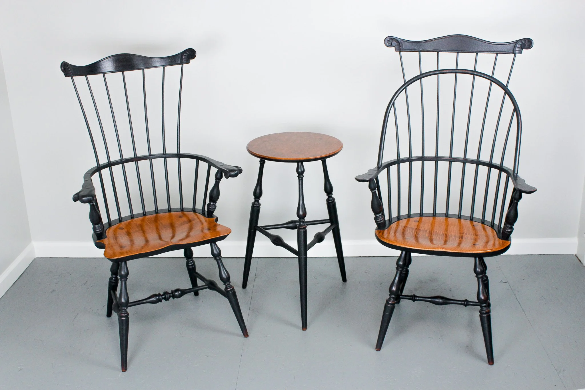 New England Fan Back Arm with Tiger Maple Seat, Candlestand 16 x 29 Tiger Top, Sack Back with Comb with Tiger Maple Seat (4).jpg