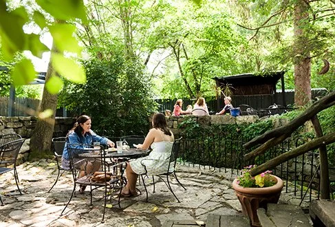 People sit at a table outdoors in a backyard garden, with trees and greenery around. In the background, there is a small stage or structure with people near it.