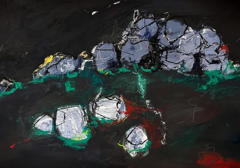 Burning scrub at nightfall, Carn Galver / 2023 / Oil paint, acrylic, soft pastel and charcoal on paper / 29cm x 42cm