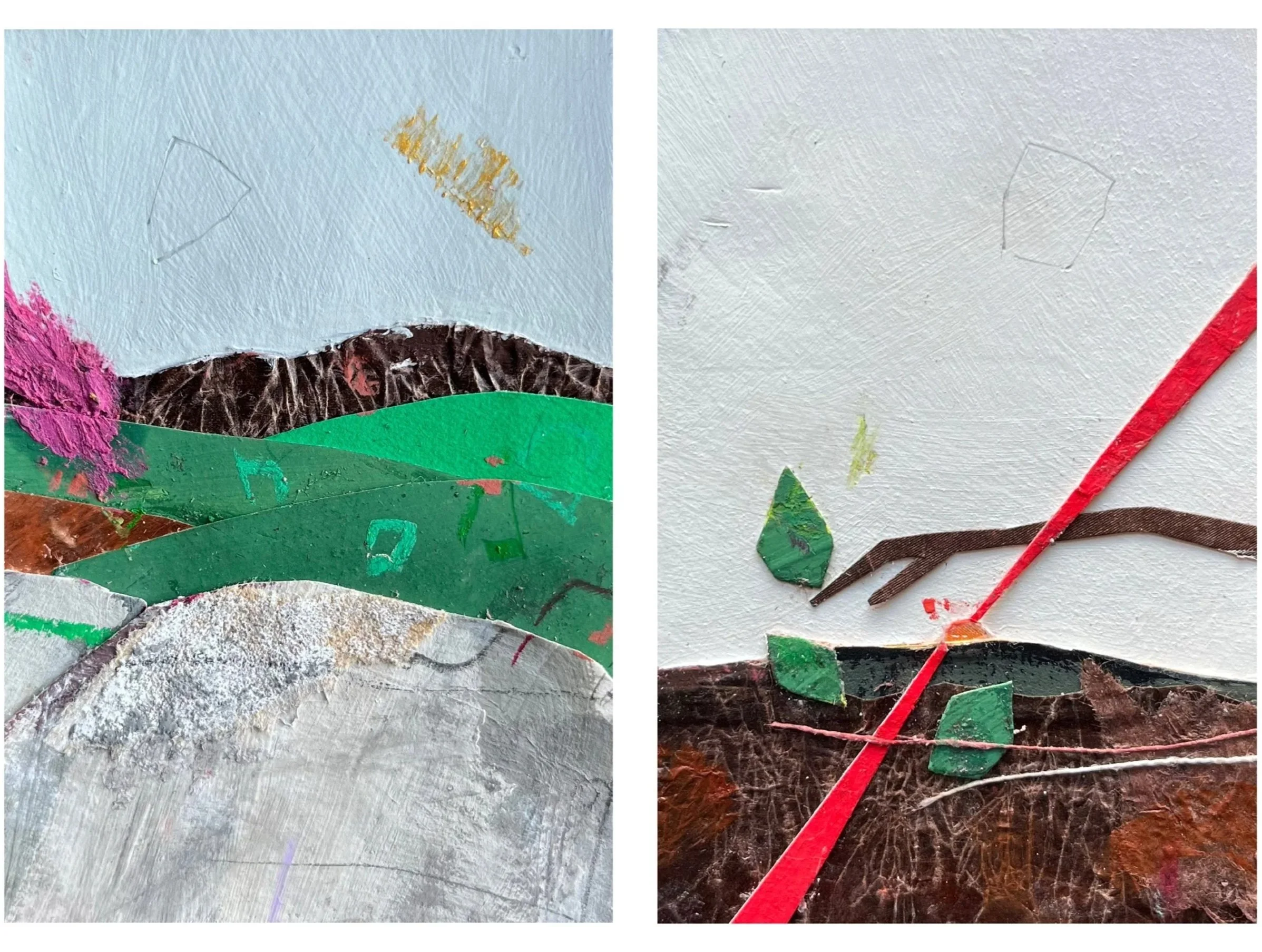 Atop Madron Carn | Setting sun at Porthcollum / 2025 / Miniature mixed-media collage diptych joined with raffia cord / Each 10cm x 7cm