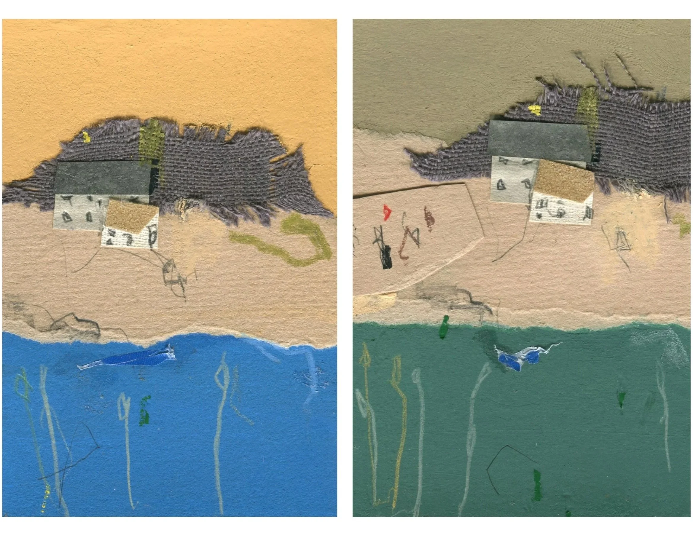 Lamorna spoil top (shown in summer and autumn / 2022 / Miniature mixed media collage diptych joined with raffia cord / Each 10cm x 7cm